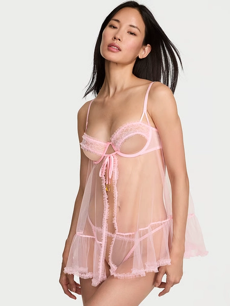 Tease Open-Cup Ruffled Babydoll Set