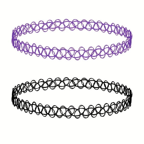 2-delige Set Dames Gothic Y2K Choker Ketting - Zwart & Paars Verstrengelde Lus Koordketen, Rekbare Elastische Halsband met Aanpasbaar Passend, 90s en 2000's Retro Stijl, Ingehaakte Loop Ontwerp, Gladde Textuur, Geen Plating, Het Hele Jaar Dragen, Gotisch & Y2K Esthetiek, Opties in Zwart & Paarse Kleuren, Laagjes Sieraden voor Dagelijks Gebruik Halloween Accessoires (Geen Metaal, Comfortabele Pasvorm) – Tattoo Choker