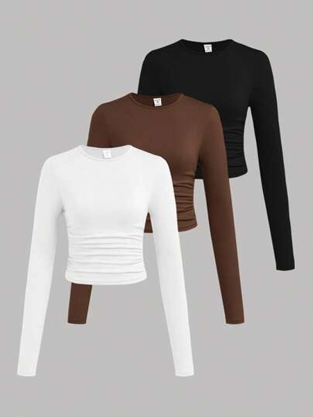 SHEIN EZwear 3pcs/Set Casual Minimalist Solid Color Crew Neck Ruched Long Sleeve Plus Size Women T-Shirts, Suitable For Autumn/Winter