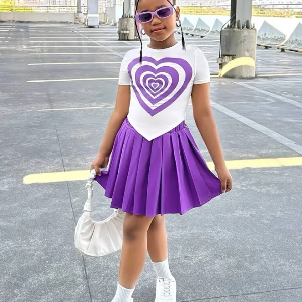 Girls clothes 10 to 12, Girls back to school outfits, Children clothes Girls, Teenage Girls' Heart-shaped Printed Short-sleeved Top And Pleated Skirt