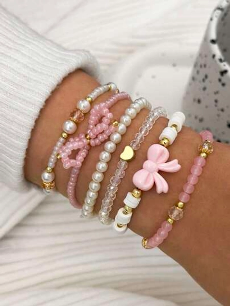 6pcs/Set Fashionable Heart & Bow Beaded Bracelet Set For Women