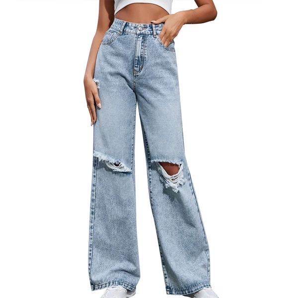 Women Loose Ripped Boyfriends Jeans High Waist Baggy Denim Pants Distressed Wide Leg Jeans Y2K Blue L - Walmart.com