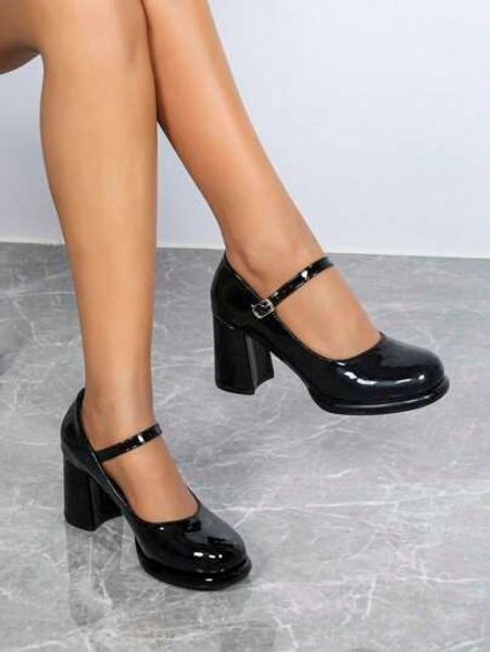 Scarpe con tacco spesso a punta tonda, nere, da donna, adatte per occasioni formali e feste, minimaliste ed eleganti, versatili, con tacco alto, stile Mary Jane