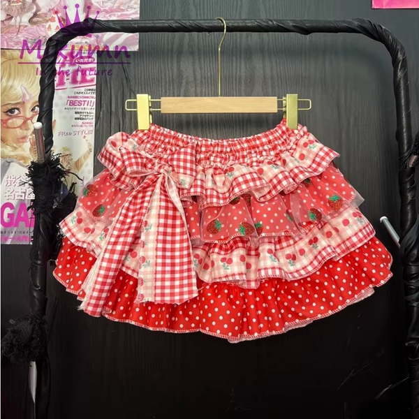 Mikumn Japanese Kawaii Lolita Mini Skirt Women Girls Y2k Sweet Strawberry Print Cake Skirt Harajuku Cute Bow Skirt Faldas Mujer - AliExpress 200000345