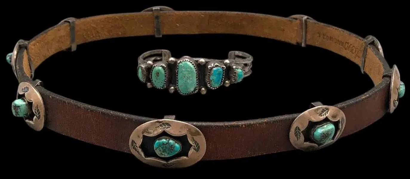 Vintage Turquoise And Sterling Silver Bracelet And Hat Band