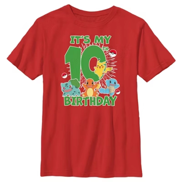Boy's Pokemon It's My 10th Birthday Starters  T-Shirt - Red - Large