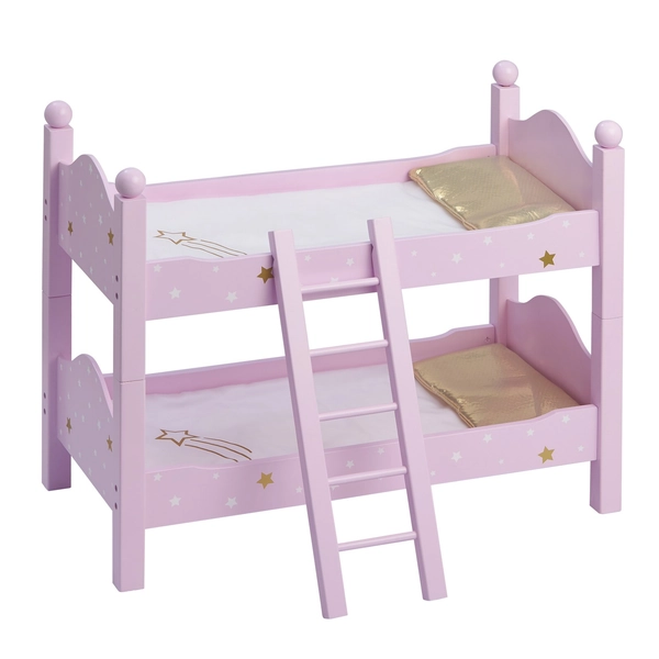 Wooden Doll Bunk Bed with Ladder and Bedding for 18 inch Dolls, Pink