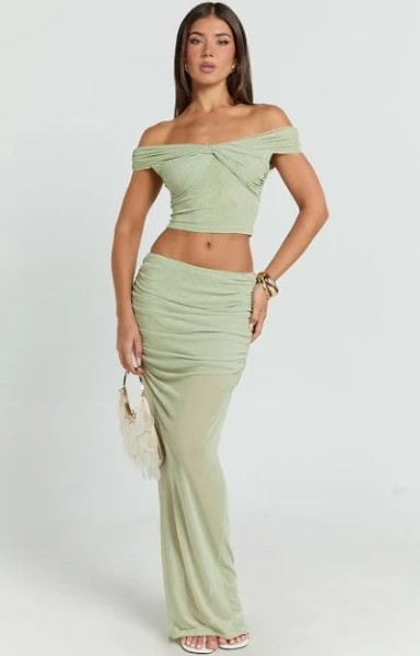 Francine Two Piece Set Twist Front Top and Mid Waist Gathered Maxi Skirt
