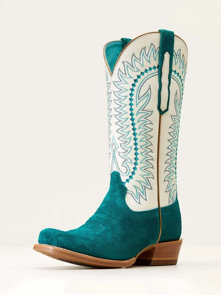 White & Teal Vegan Suede Square Toe Embroidered Mid-Calf Cowgirl Boots
