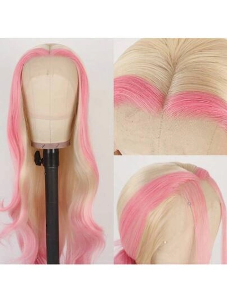 13x4 Body Wave Glueless Lace Front Wig Ombre Blonde Pink Mixed Color Free Part Long Wavy Synthetic Hair Pre Plucked With Baby Hair Natural Hairline HD Lace Wigs Ready To Wear For Fashion Women Girls Daily Party Use Heat Resistant Fiber 28 Inch 180% Density