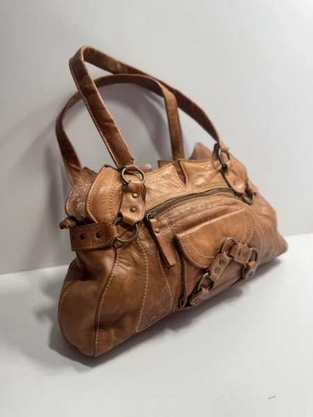 Vintage y2k retro tan brown real leather river island gold hardware western shoulder hobo handbag