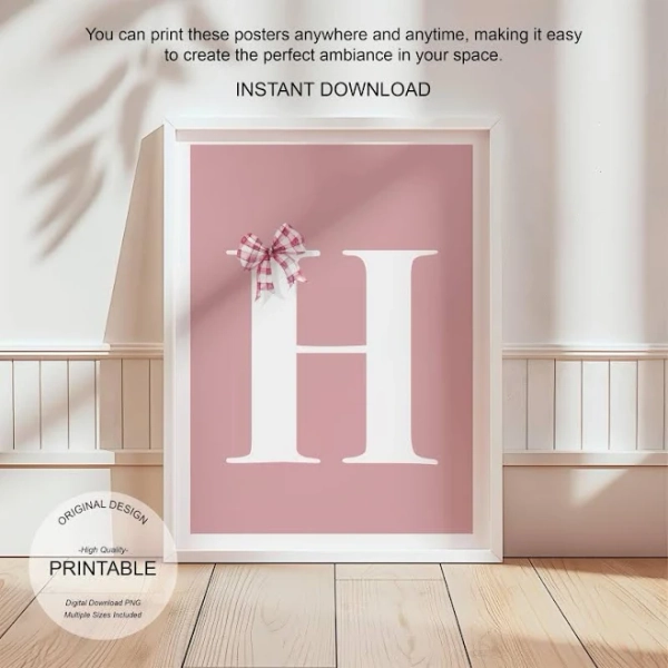 Pink Letter H Poster: Preppy Initial Print with Bow (Digital Download)