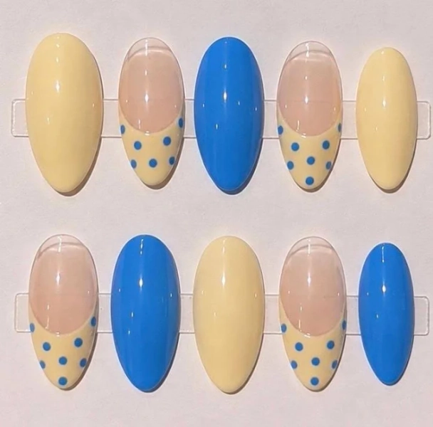 Blue & Yellow Polka Dot Press On Nails | Summer Oval Nails | Retro French Tip Nails | Hand Painted Fake Nails | Custom Press Ons