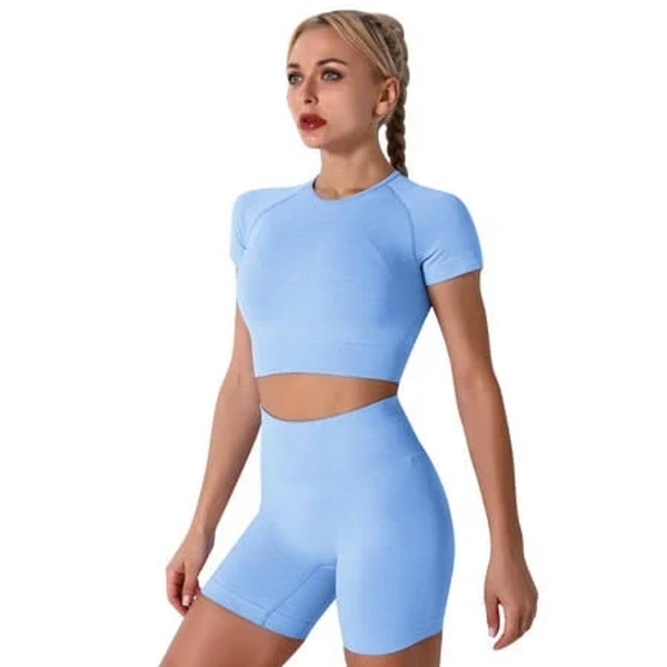 Women's Yoga Workout Sets with Short Sleeve Crop Top and High Waisted Pants