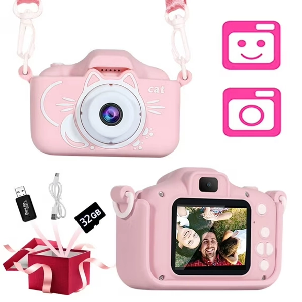 Kids Selfie Camera Christmas Birthday Gifts Girls Age 3-9 20MP Digital Cat Kitty Cameras Toddler Portable Toy 3 4 5 6 7 8 Year Old Girl 32GB SDCard