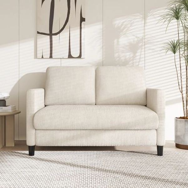 Canapé 2 Places Mini en Velours Côtelé Beige Résistant - 2 Coussins - 129(L) x 78(P) x 89cm(H) - Charge Max.300kg - Petit Espace