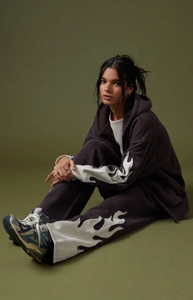 Flame Applique Vintage Wash Baggy Sweatpants