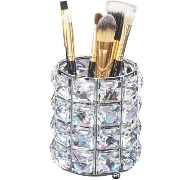 Makeup Brush Holder Organizer Golden Crystal Bling Personalized Gold Comb Brushes Pen Pencil Storage Box Container (Crystal Pot-Sliver)