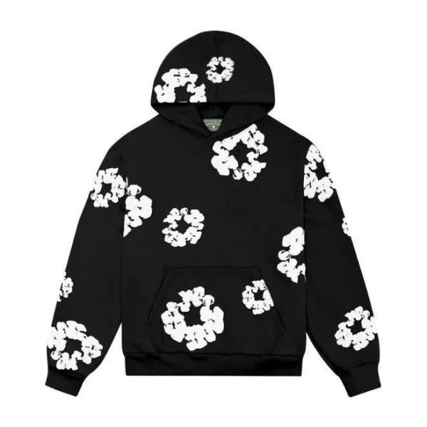 Denim Flower Puff Print Hoodie