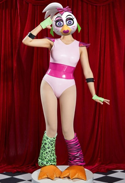 Five Nights at Freddy's Glamrock Chica Cosplay Costume Pink Jumpsuit and Gloves with Leg Covers and Earrings