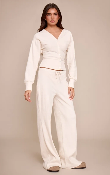 Ecru Soft Ribbed Low Rise Wide Leg Trousers Co-ord