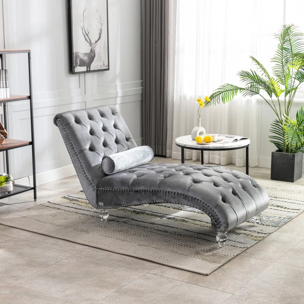 Silver 63.98 Buttons Tufted Chaise Lounge Chair with Pillow