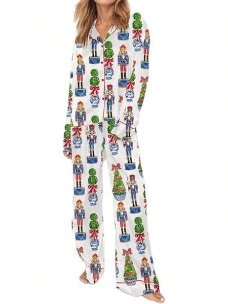 Women Pajama Set Y2k Nutcracker Long Sleeve Shirt And Pjs Pants Cute Satin Pajama Outfits Fall Loungewear