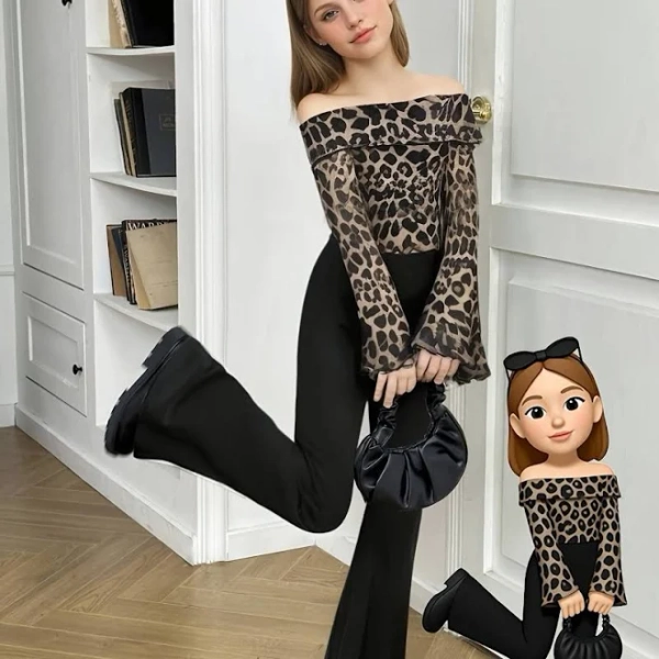 Kids clothes girls girls outfit Off-Shoulder Leopard Print Top Black Flared Pants