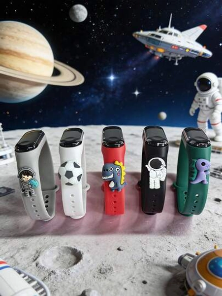 5pcs Kids Favorite Space Series LED Touch Screen Electronic Watch With Cute Cartoon Pendant Decoration - 5 Patterns, Soft & Skin-Friendly Sports Bracelet, Suitable For Christmas, Children's Day, Birthday, Daily Wear, School, Sports - Size one-size