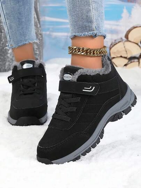 ​Women's Black Chunky Sole Sneakers - Plush Lined Suede Upper With Raw Hem Denim For Winter Street Style, Year-Round Shoes For Women​