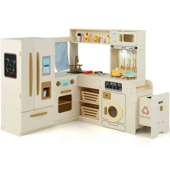 Resenkos - Corner Play Kitchen with Lights & Sounds for Kids Ages 3+ , Interactive Kitchen Toy - Beige