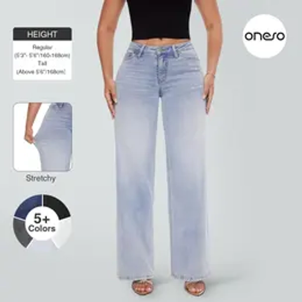 ONESO Women's Mid-Low Rise Baggy Stretchy Wide-Leg Distressed Jeans Tummy Control & Curve-Hugging Basic Minimalist Comfort Denim Regular & Plus Sizes Trendy Multi-Pocket SS Style Streetwear Trousers Womenswear Bottom Pants BBL