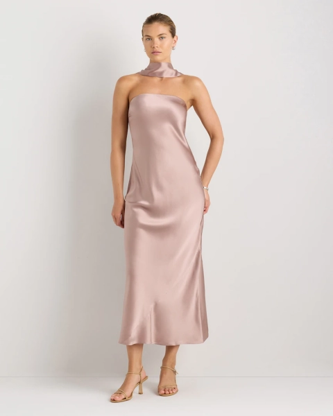 100% Washable Silk Strapless Scarf Maxi Dress in Vintage Pink