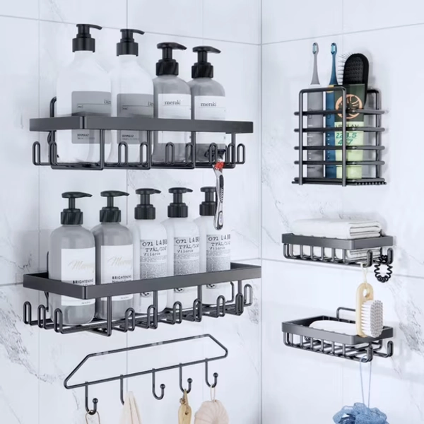 Topritt Shower Caddy 6 Pack, Adhesive Shower Organizer with Soap Holder, Large Capacity, No-Drill Wall Mounted Bathroom Organizer Basket for Bathroom & Kitchen Storage, Black