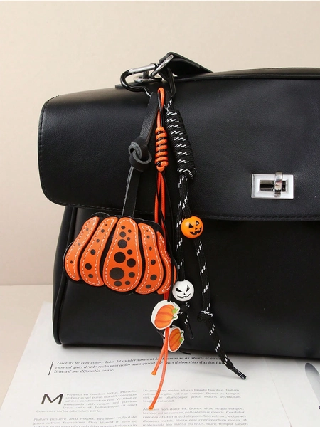 Halloween Double-Sided PU Leather Pumpkin Bag Charm Wooden Bead Woven Rope Hanging Ornament  Aesthetic Fall Keychain Gift For Women Teen Girls