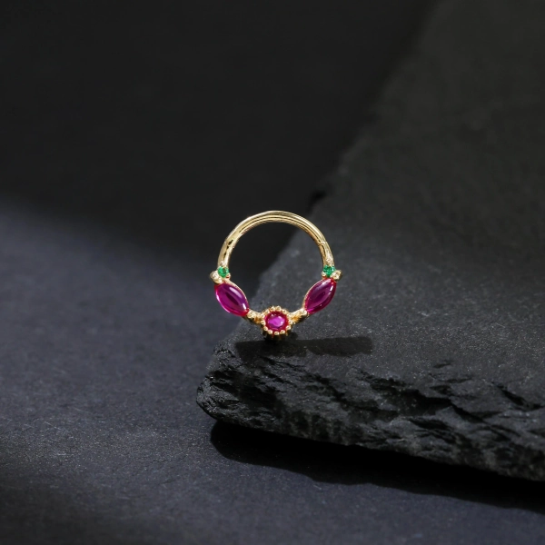 14K Solid Gold Ruby-colored Cubic Zirconia Clicker Hoop, Gold Marquise Gemstone Daith Helix Hoop, Dainty Diamond Nose Ring, Septum Ring 18g