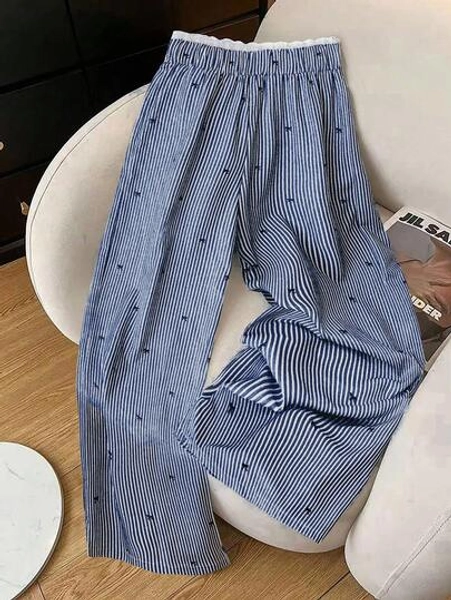GlowEve Women's Casual Bowknot Striped Lace Waist Straight Leg Wide Leg Pants