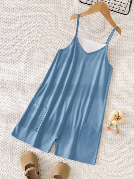 SHEIN Vintaside Kids Tween Girl Colorblock Jumpsuit With Double Pockets For Summer
