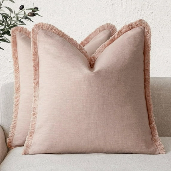 Foindtower Set of 2 Decorative Linen Fringe Throw Pillow Covers Cozy Boho Farmhouse Cushion Cover with Tassels Soft Accent Pillowcase for Couch Sofa Bed Living Room Home Decor,18×18 Inch,Olive Green