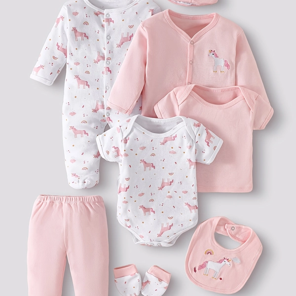 Conjunto de 8 bodies para recién nacido, 100% tela pura, cómodo y transpirable, lindo patrón de unicornio rosa, adecuado para bebés de 0 a 9 meses o que están aprendiendo a gatear, se puede regalar, para exteriores