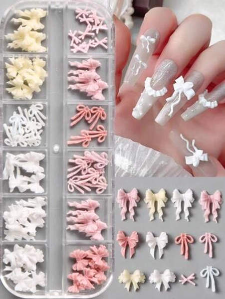 12 Grids Pink White Yellow 3D Relief Bownot Nail Charms Elegant Ballet Bow Ribbon Summer Nails Resin Diy Nail Art Decoration Japanese Wedding Nails Supplies Mixed Color Nail Gems
