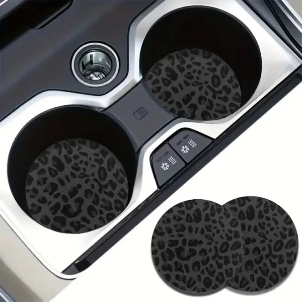 2pcs Black & Grey Leopard Print Car Cup Holder