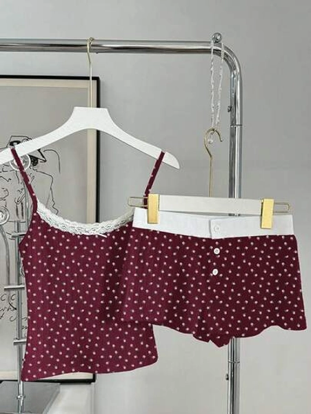INAWLY Women Lace Trim Sleeveless Allover Print Tank Top + Shorts Set, Casual Summer