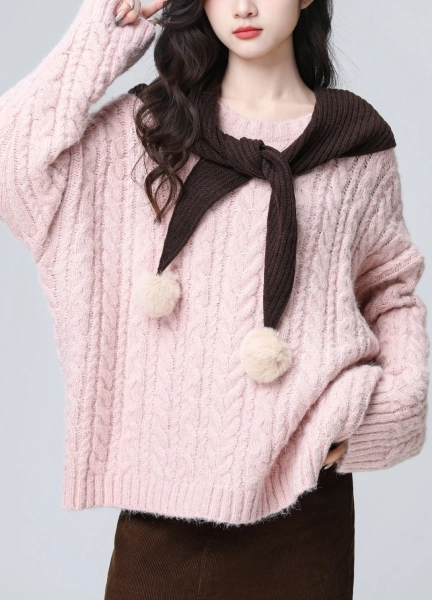Pink Cable Knit Loose Crewneck Sweater - Fashion Chingu