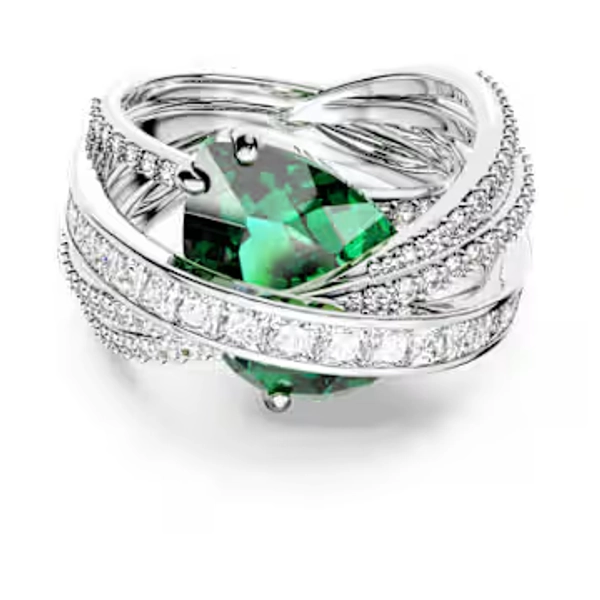 Bague cocktail Hyperbola, Tailles variées, Quatre bandes, Verte, Métal rhodié