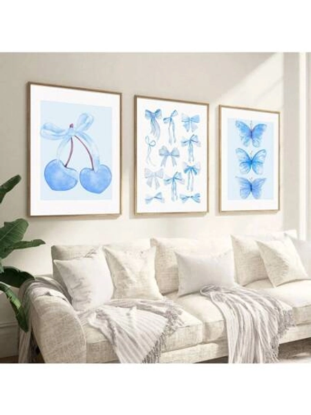 Set Of 3, Fashionable Blue Cherry & Bowtie Design Wall Art Prints For Girls, Canvas Posters With College Style For Dorm Room, Watercolor Butterfly Prints For Aesthetic Room Decoration, Ideal Gift For Bedroom, Living Room, Home, And Dorm, Unframed Gifts Birthday Graduation Coastal Decor Coastal Decor Beach Decor