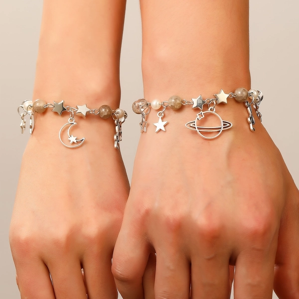 2pcs Set Hollow Love Heart Sun Star Couple Bracelet/Best Friend Bracelet Y2/Sweet Cool Imitation Pearl Fashion Jewelry/Adjustable Size Suitable for Daily Wear