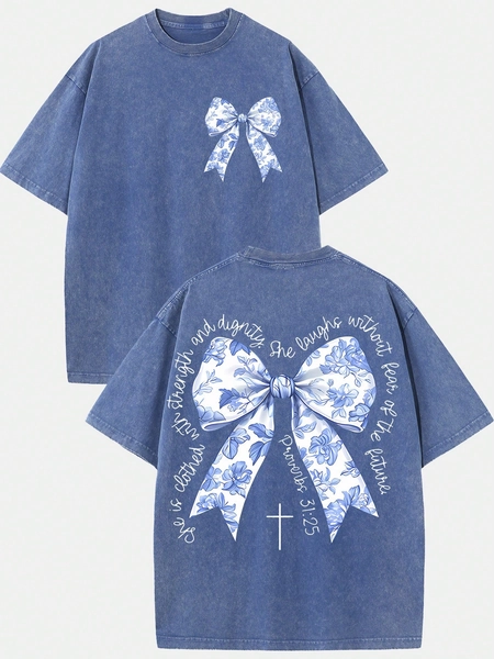 (230g T-Shirt)Men's Oversized Washed Cotton "Faith Over Fear" Floral Graphic Christian T-Shirt, Casual Soft Short Sleeve, Breathable Retro Streetwear &  Gift
