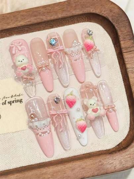 10 Pcs Luxury Handmade Press On Nails Long Stiletto False Nails Pink Light Dream Design False Nails With 3 PiecesTool Adhesive Nail Glue Tabs Suitable For Girls And Ladies In Their Daily Work And Life. Fall Style.Pink Nails.Long Nails