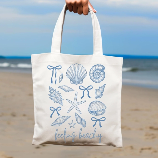 Feeling Beachy Coquette Tote Bag, Coastal Shell Canvas Bag, Cute Beach Bag with Seashells & Bows, Nautical Summer Tote, Bows Beach Day Bag